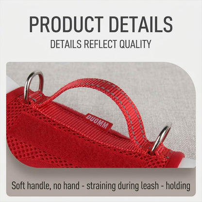 Product details of the small dog harness showing the soft grip handle, specifically designed to prevent hand straining during leash holding.