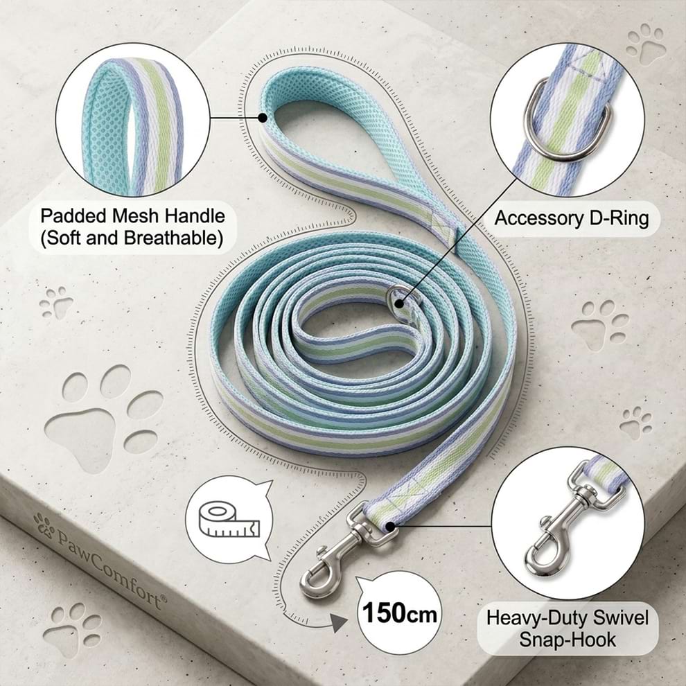 Detailed view of the 150cm dog leash, highlighting the padded mesh handle, accessory D-ring, and heavy-duty swivel snap-hook.