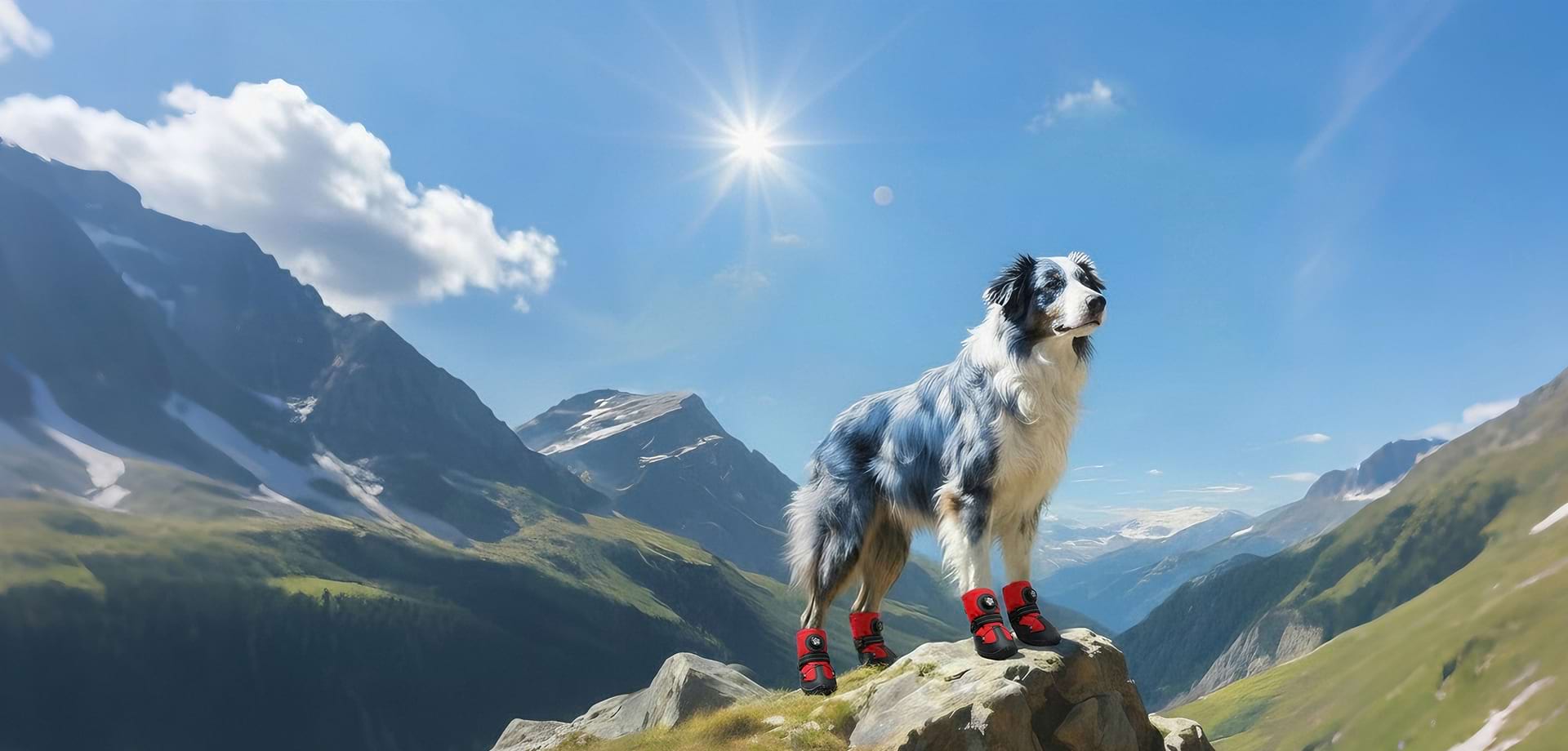 A majestic Border Collie standing atop a rugged mountain peak, equipped with red Sovelivee secure Dial-Fit dog shoes and boots designed for outdoor hiking adventures.