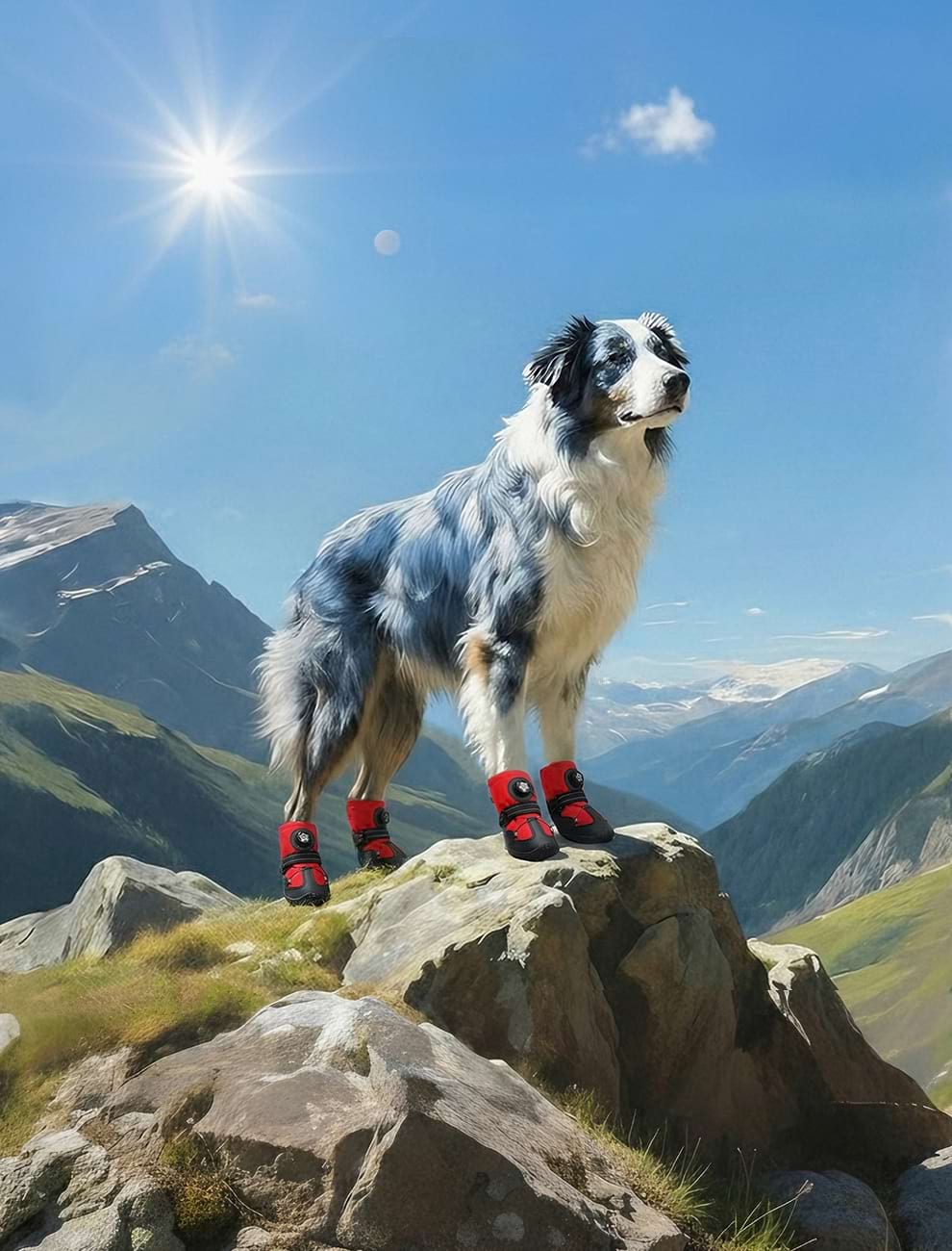 Vertical view of a Border Collie on a rocky mountain summit wearing red Sovelivee Dial-Fit dog boots for all-terrain protection.