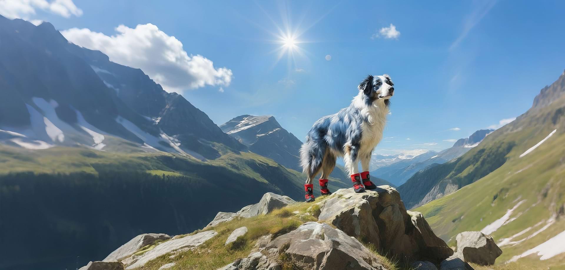 Border Collie wearing red Sovelivee protective boots standing on a mountain peak, representing safe outdoor adventures and premium dog hiking gear.