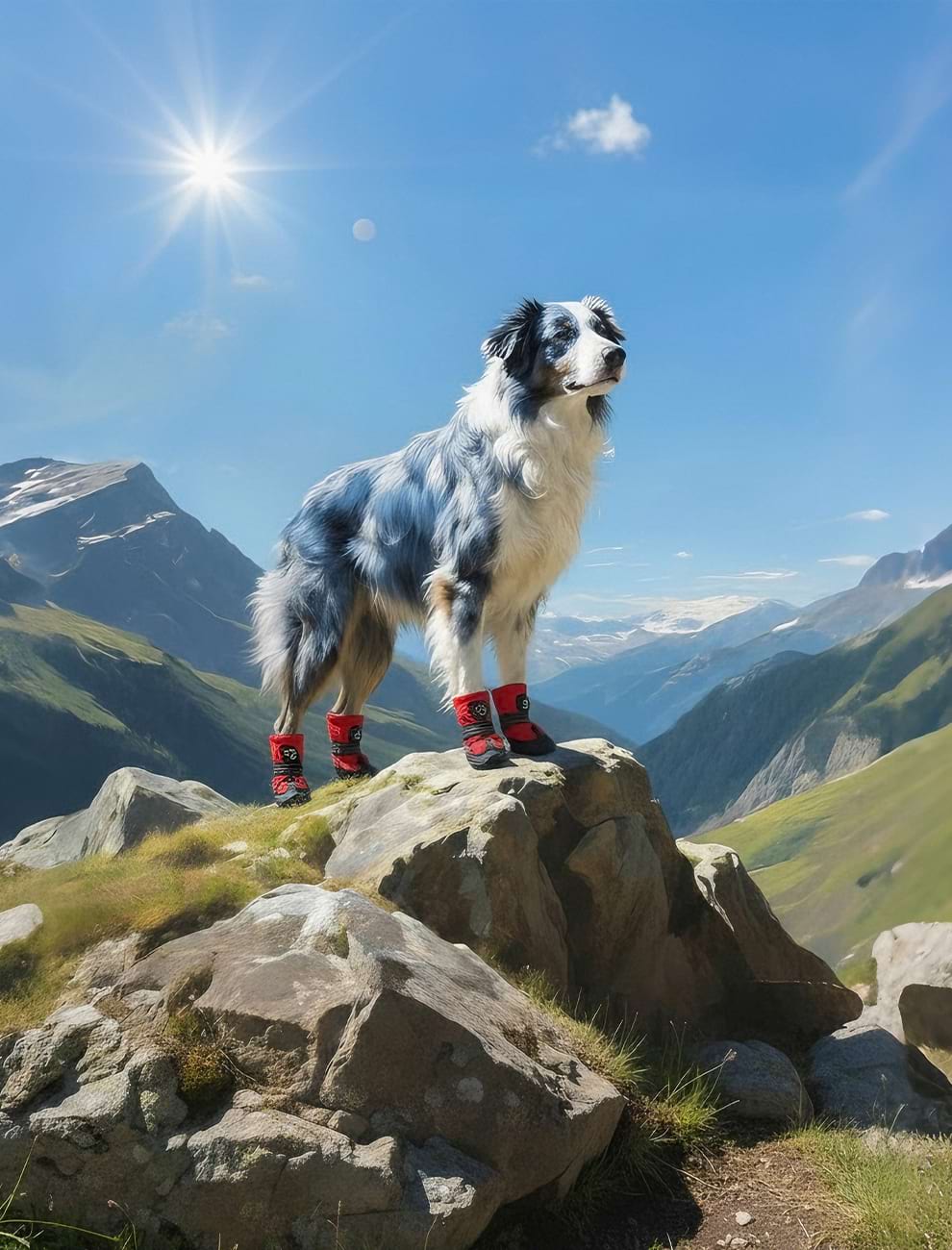 Close-up of a dog equipped with Sovelivee safety gear and red boots on a rocky summit, ready for freedom and exploration.