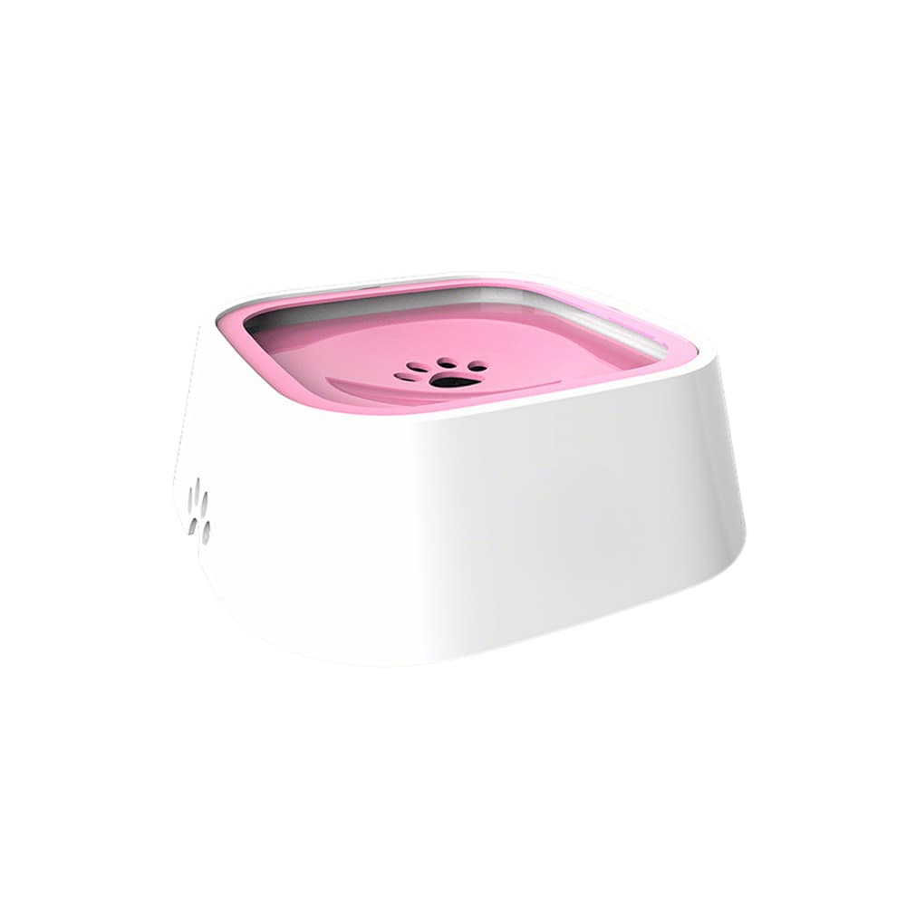 Spill-proof dog water bowl in soft pink, utilizing a floating plate to prevent messy splashes and wet mouths during hydration.