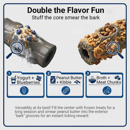 Versatile stuffable dog toys showing different treat recipes like yogurt and peanut butter for mental stimulation.