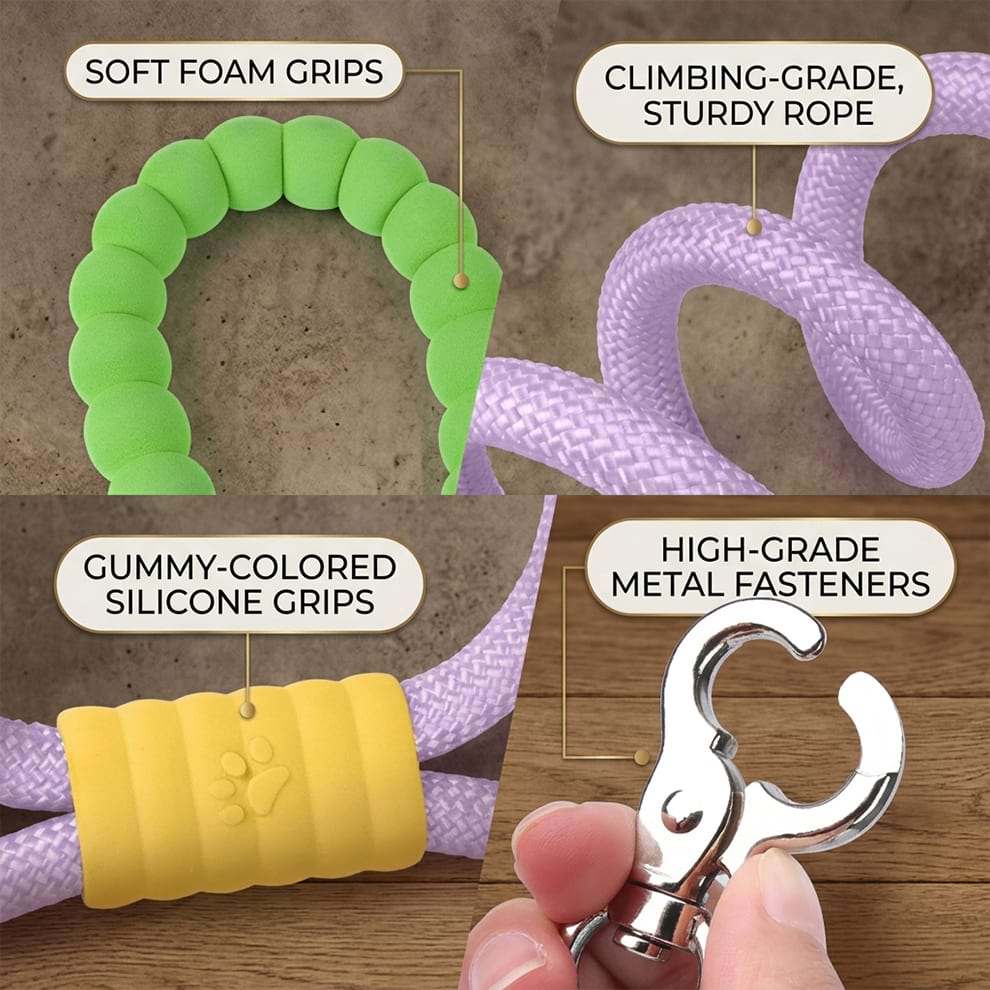 Sturdy dog leash with padded handle, featuring climbing-grade rope, gummy-colored silicone grips, and high-grade metal fasteners.