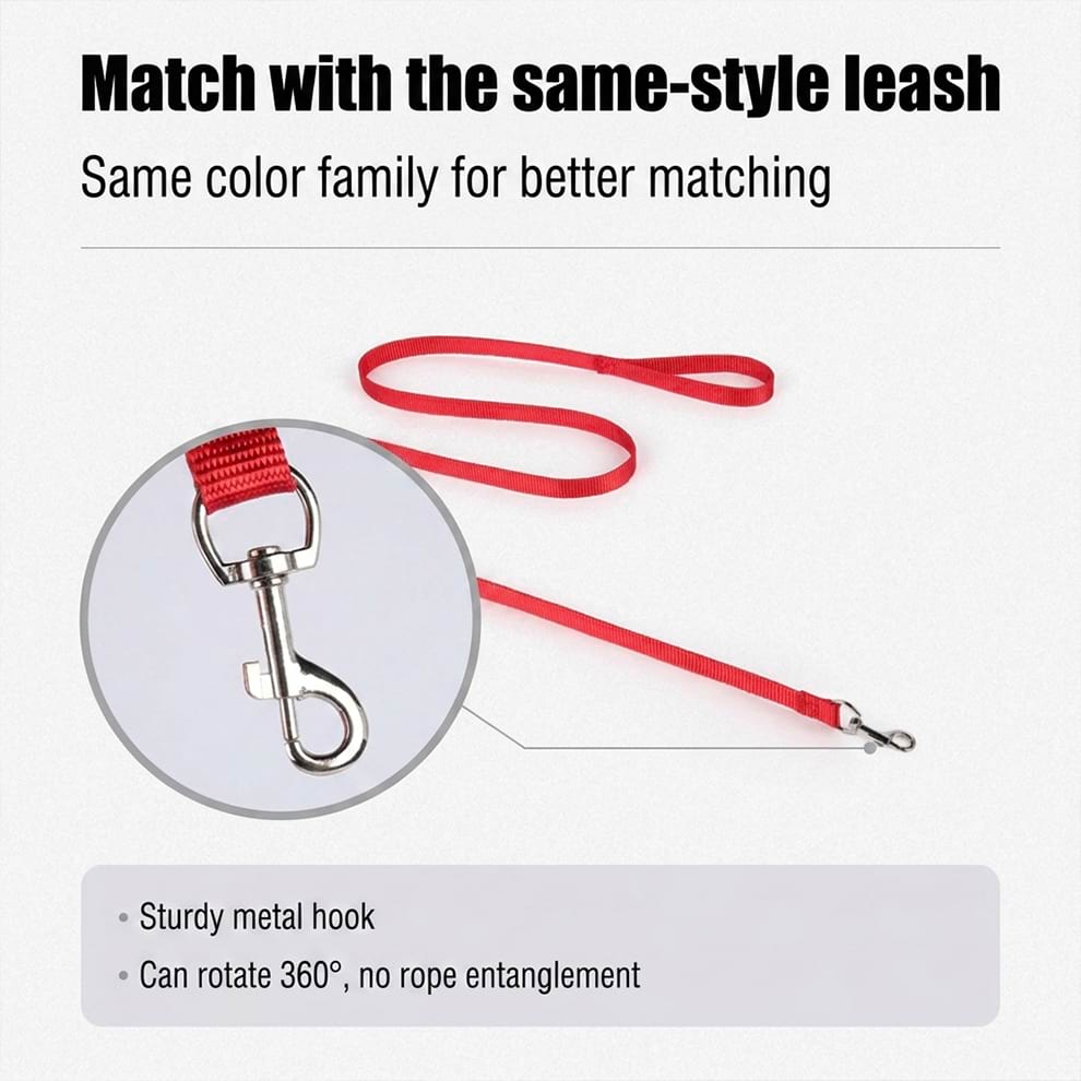 Matching leash for the small dog harness, featuring a sturdy metal hook that rotates 360 degrees to prevent annoying rope entanglement.