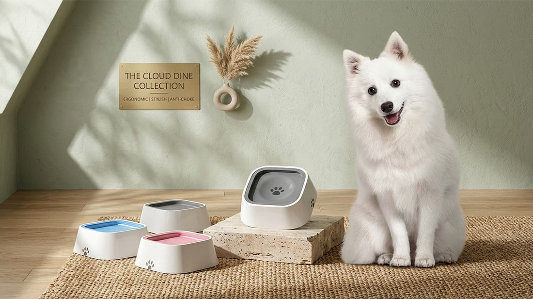 Stylish anti-choke dog water bowl from The Cloud Dine Collection, sitting next to a happy white dog, blending ergonomics with modern design.