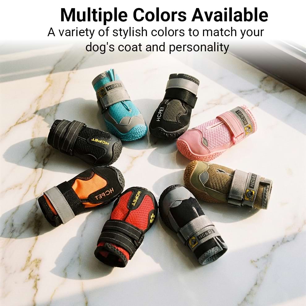 Collection of dog boots in multiple stylish colors including red, black, pink, and green to match your dog's personality.