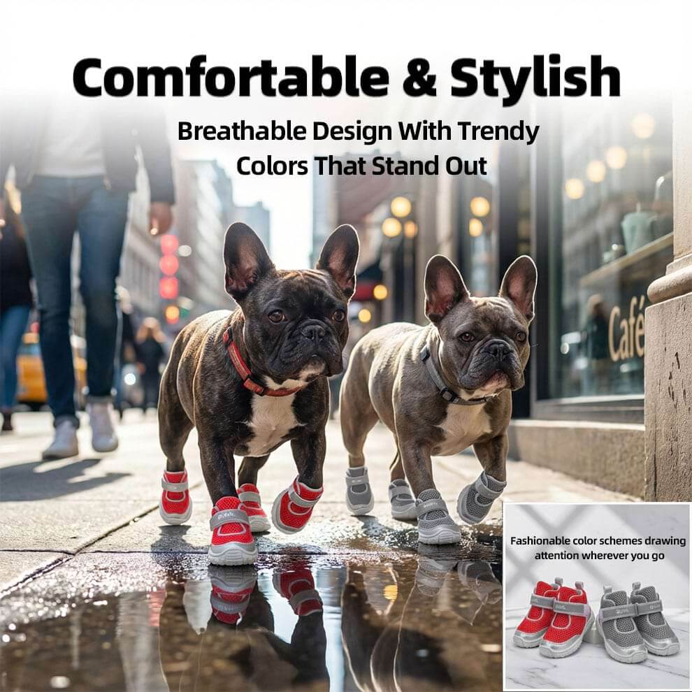 Two dogs walking on wet city pavement wearing stylish red Anti-slip dog shoes.