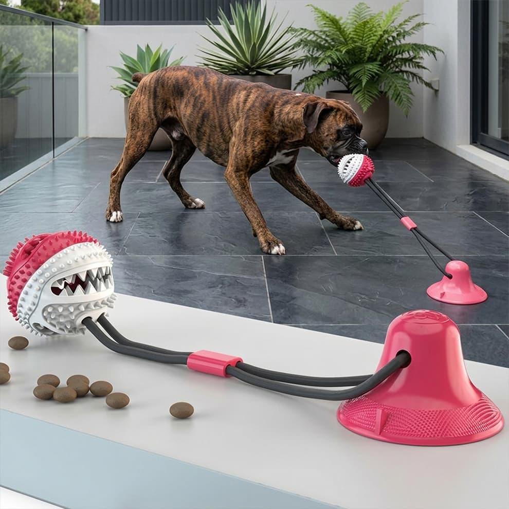 Suction cup dog toy for aggressive chewers, providing a durable and engaging outdoor playtime for active breeds like Boxers.