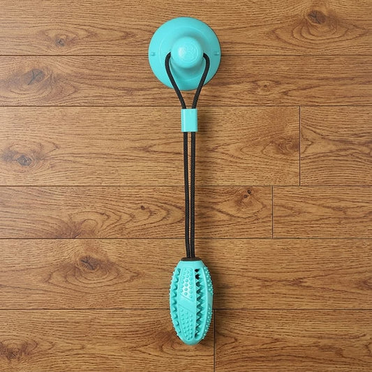 Suction cup dog toy securely mounted on a glass door, providing a large Bernese Mountain Dog with an excellent indoor exercise and chewing experience.