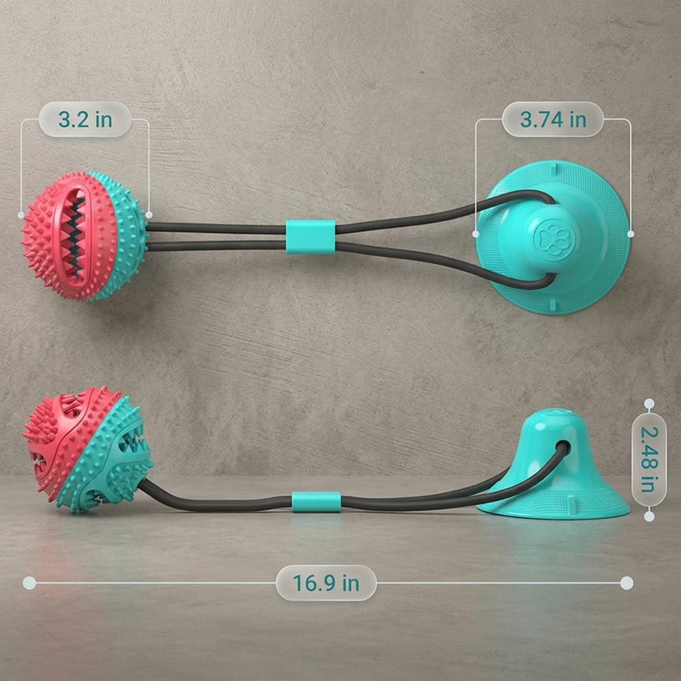 Suction cup dog tug toy size guide, displaying a 16.9-inch total length with a strong 3.74-inch suction base for secure attachment.