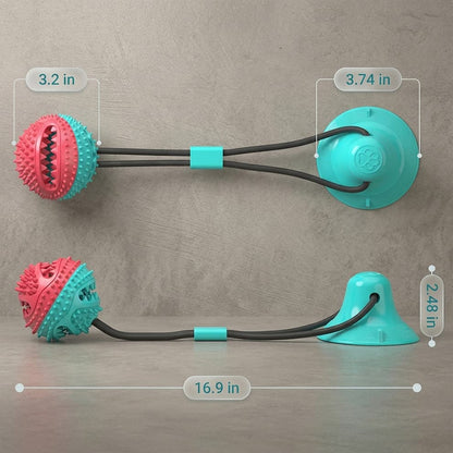 Suction cup dog tug toy size guide, displaying a 16.9-inch total length with a strong 3.74-inch suction base for secure attachment.