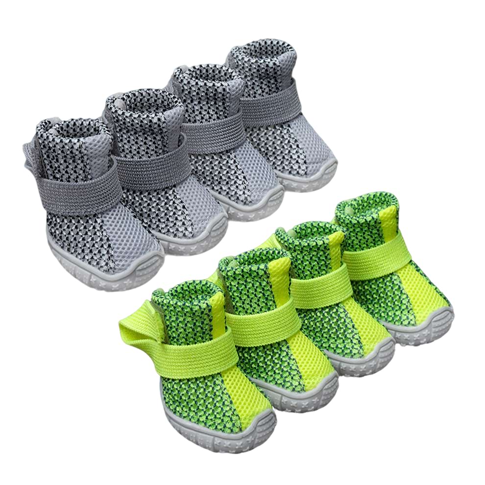 Pair of green and grey Summer Dog Shoes displayed together showing color variety.