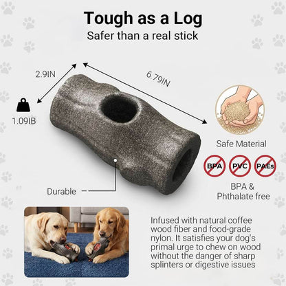 Super chewer dog toys dimensions and safe non-toxic nylon coffee wood material details.