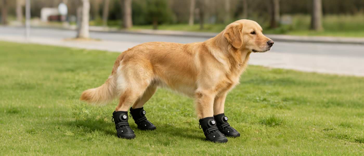 Golden Retriever standing on grass wearing tactical black dog boots designed to hide dirt on rugged trails.