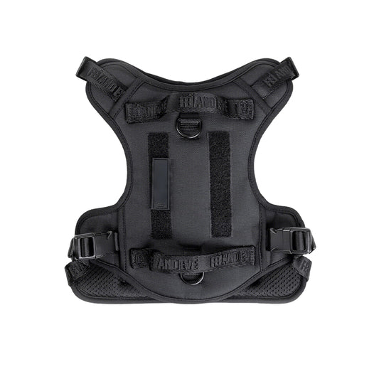 Tactical Dog Harness in stealth black, featuring heavy-duty 900D nylon and dual control handles for ultimate training and outdoor adventures.