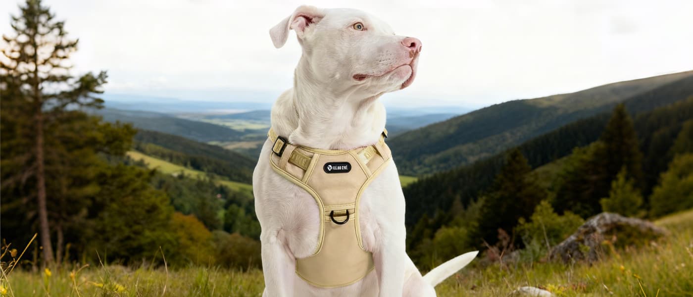 Tactical dog harness in desert tan for outdoor walking and secure control