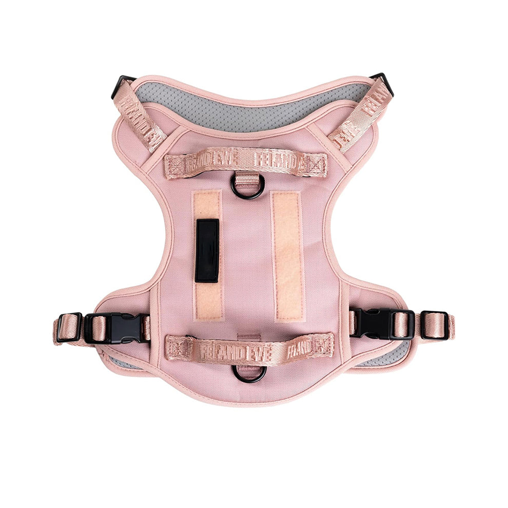 Tactical dog harness for female dogs in stylish pink, combining rugged durability with a comfortable and breathable mesh fit.