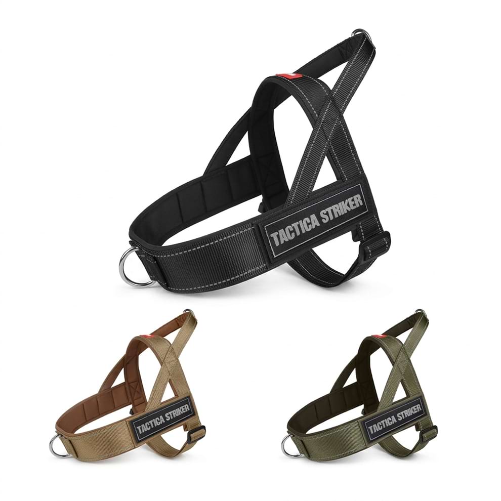Heavy-duty tactical dog harness available in three military-inspired colors: black, khaki, and olive green, ideal for large active breeds.