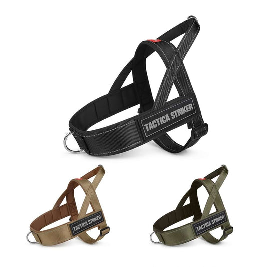 Heavy-duty tactical dog harness available in three military-inspired colors: black, khaki, and olive green, ideal for large active breeds.