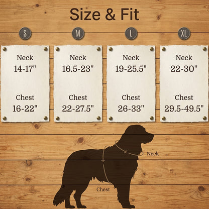 Tactical dog harness size chart providing accurate neck and chest measurements from S to XL to ensure a perfect fit for your furry friend.