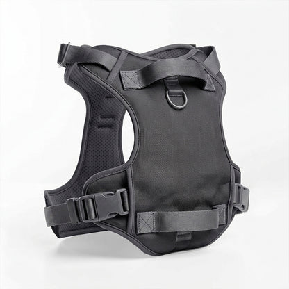 Tactical K9 harness showcasing its ergonomic design, sturdy stitching, and multiple attachment points for leashes and gear.