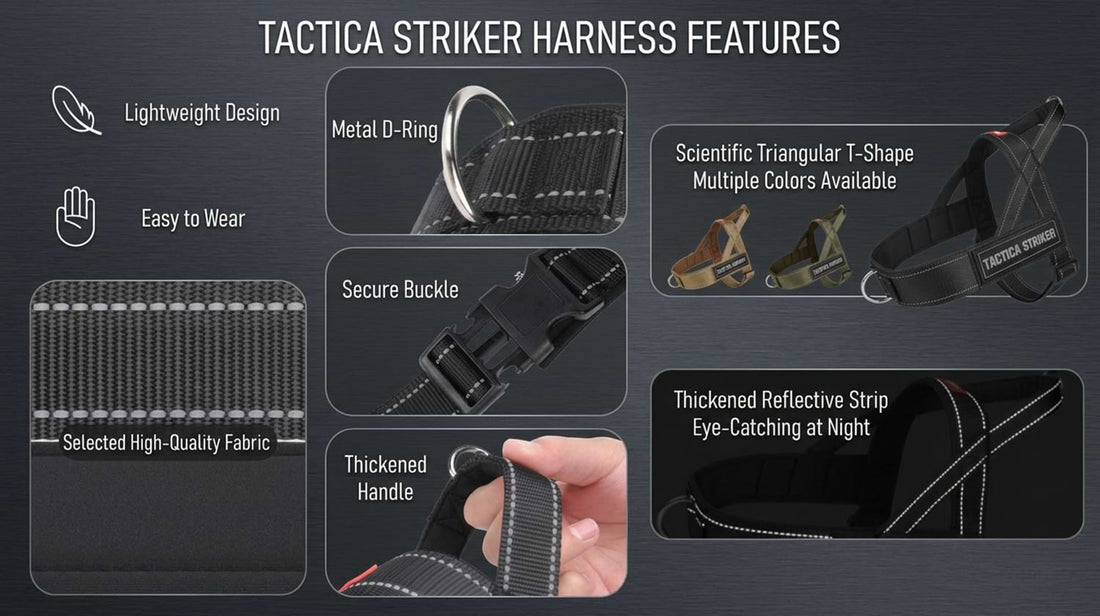Key features of the Tactica Striker saddle bag harness for dogs, including a sturdy metal D-ring, secure buckle, and selected high-quality fabric.