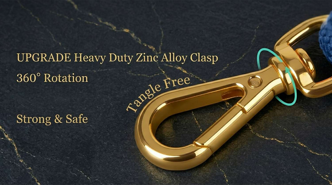 Tangle-free dog leash equipped with an upgraded heavy-duty zinc alloy clasp, offering 360-degree rotation for strong and safe control.
