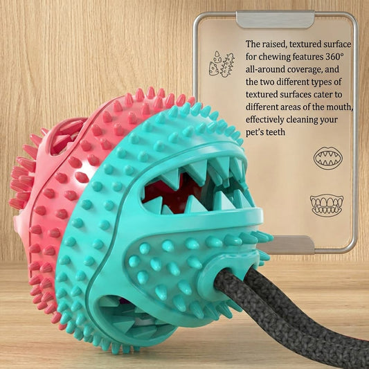 Teeth cleaning dog ball with a 360-degree raised textured surface, catering to different areas of the mouth for effective chewing.