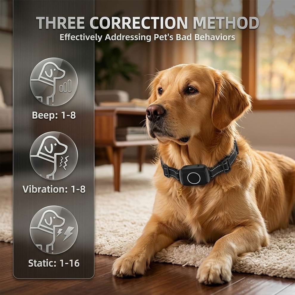 Three safe correction methods of the training collar including beep, vibration, and static correction, effectively addressing bad behaviors in dogs.