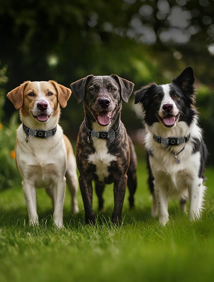 three-happy-dogs-running-on-grass-wearing-3-in-1-dog-training-collars-with-bark-control-training-and-status-display.