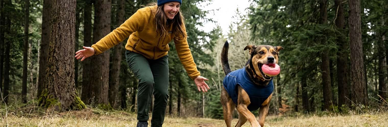 A happy dog carrying the frozen donut toy while hiking in the woods. These tough dog toys are perfect for keeping pups engaged and providing mental stimulation during outdoor adventures.