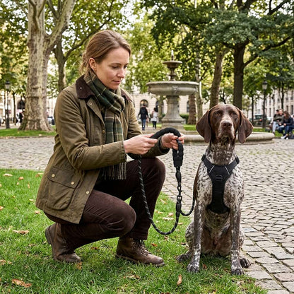 Traffic handle dog leash for training large breeds, demonstrating how the short grip provides precise control over a German Shorthaired Pointer.