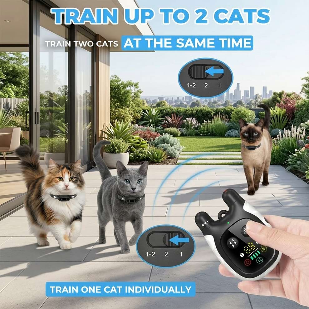 Training collars for cats with a dual control system, serving as interactive cat toys for indoor cats to train two pets simultaneously.