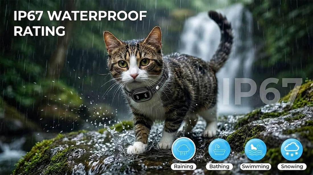 Training collars for cats with an IP67 waterproof rating, functioning as durable smart cat toys for safe use during raining, bathing, or swimming.