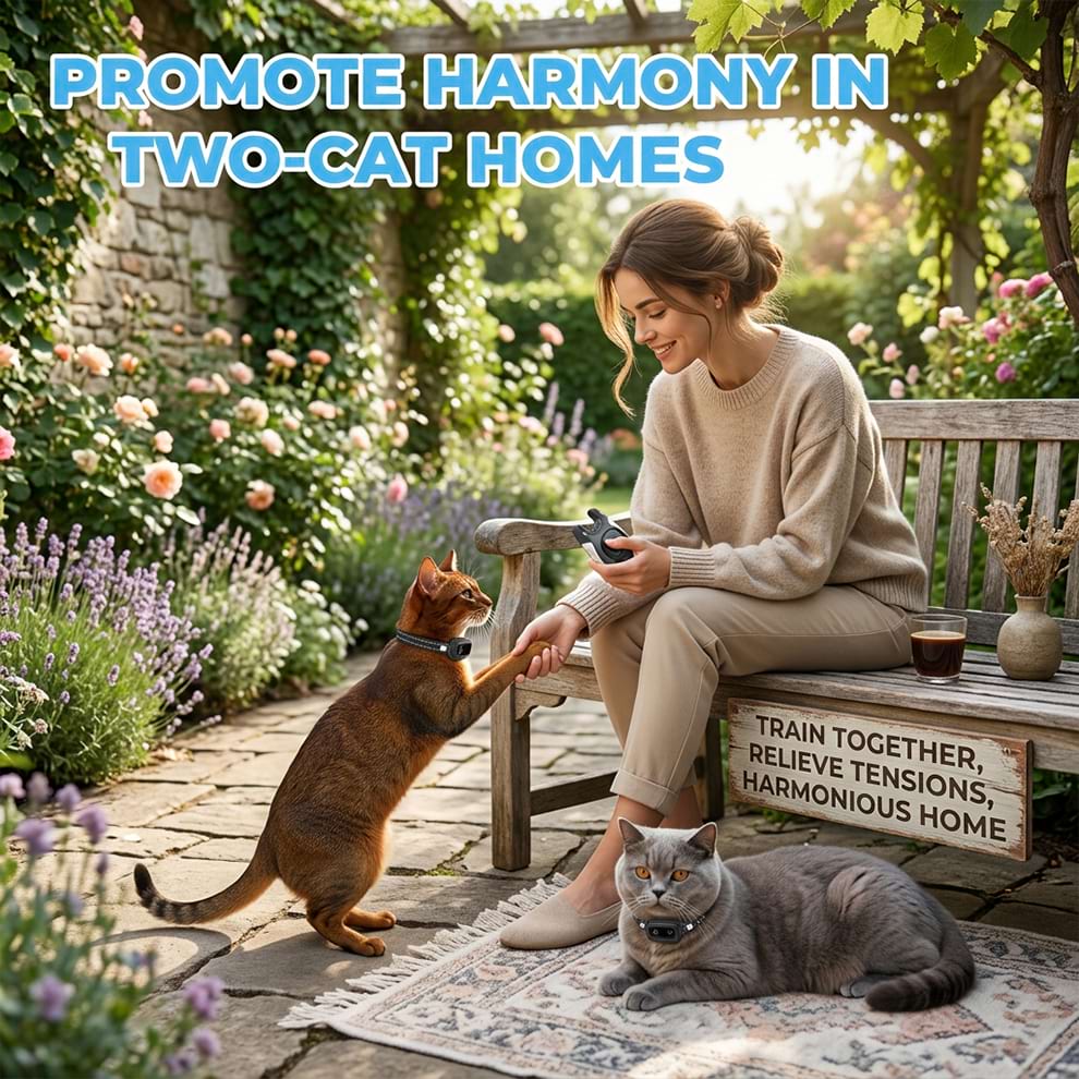 Training collars for cats designed to promote harmony in two-cat homes, functioning as smart cat toys to relieve tension and encourage safe play.