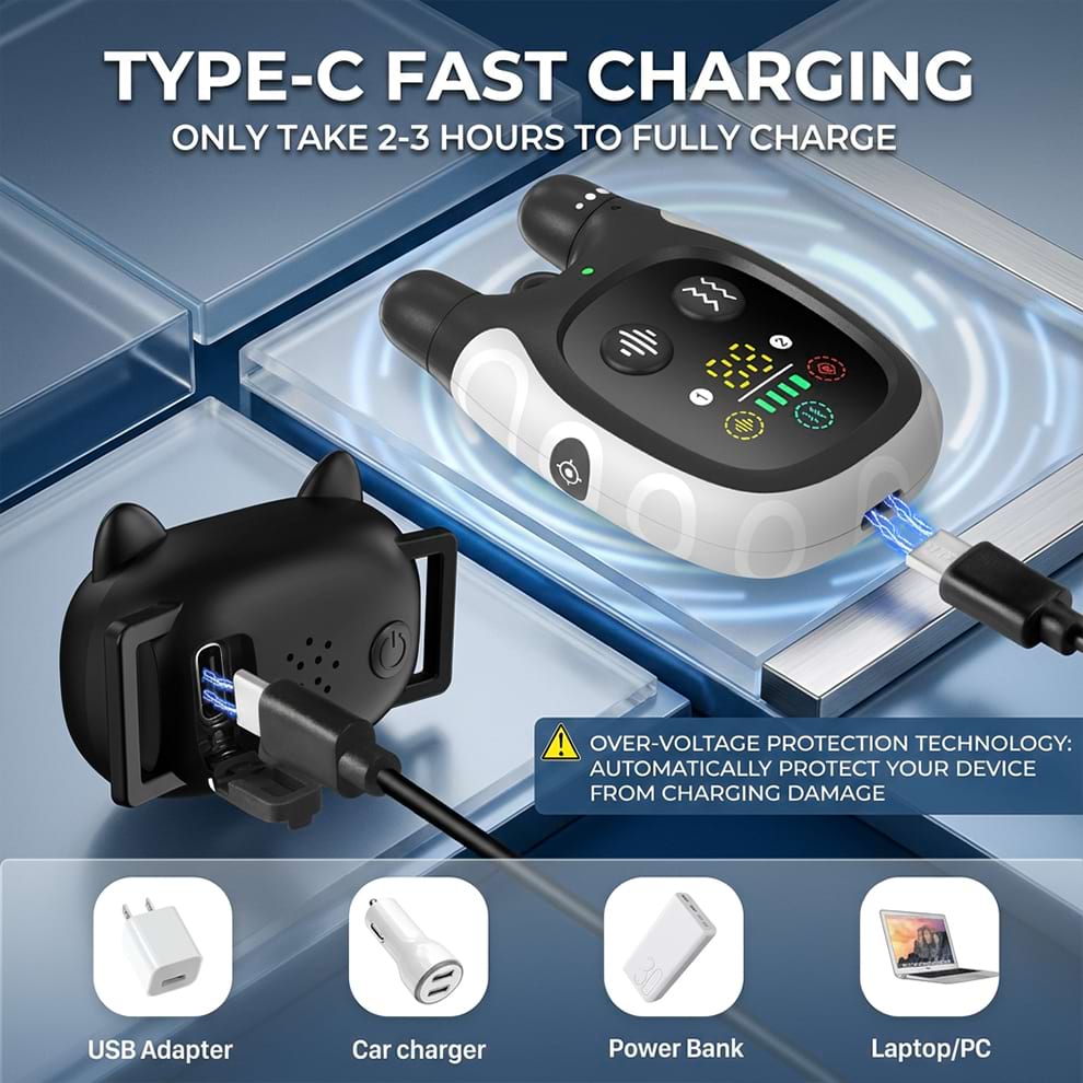 Training collars for cats and automatic cat toy receiver featuring Type-C fast charging and over-voltage protection technology.