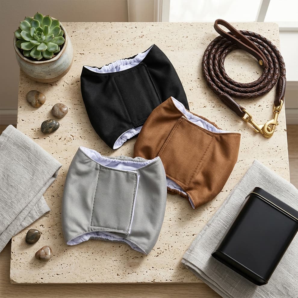 Travel-friendly washable dog diapers ready for a walk, ensuring mess-free outings and preventing dogs from marking territory.