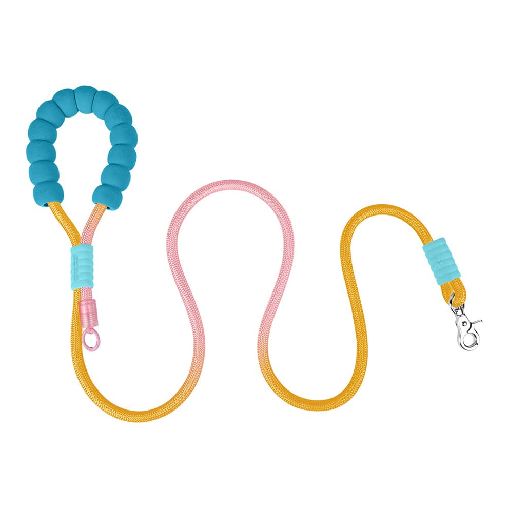 Two-tone yellow and pink rope dog leash with accessory O-ring for waste bags