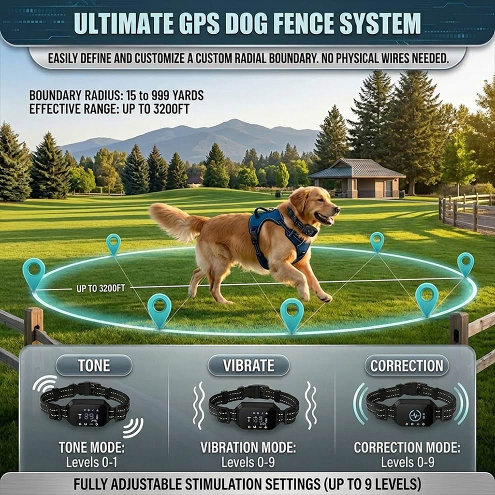 Ultimate GPS dog fence system allowing you to easily define a custom radial boundary from 15 to 999 yards with no physical wires needed.