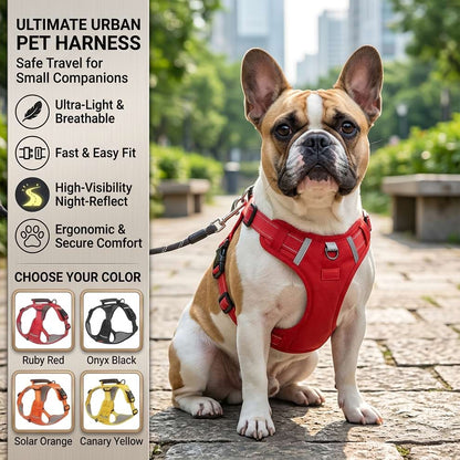 Ultimate urban pet harness designed for small companions like French Bulldogs, featuring ultra-light, breathable materials and ergonomic comfort.