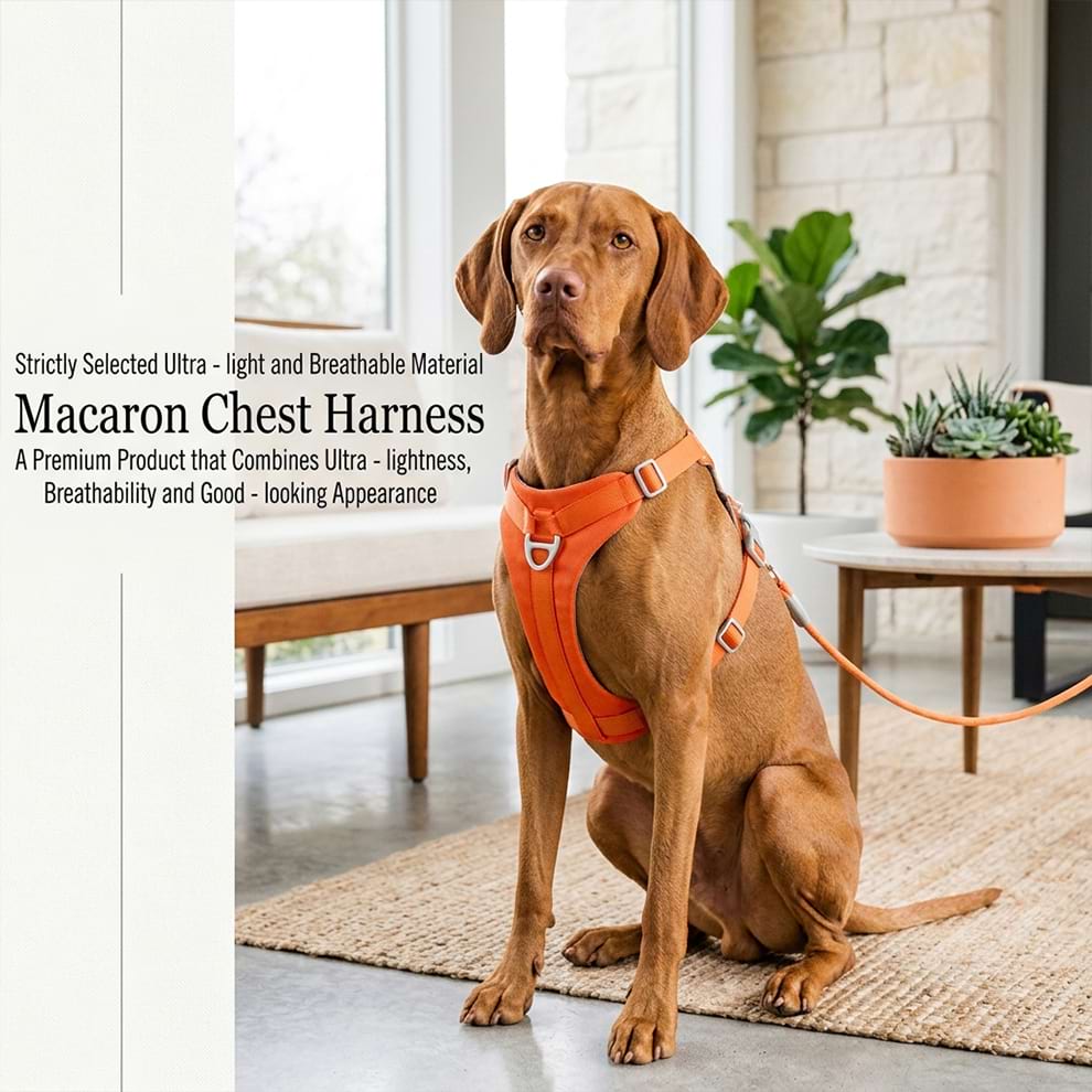 Ultra-light macaron chest harness on a Vizsla, combining breathability and a good-looking appearance for a premium pet walking experience.