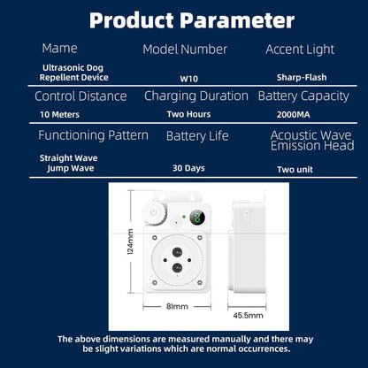 Product parameters for the W10 Ultrasonic Anti Barking Device. Features compact dimensions (124mm x 81mm), 2000mAh battery, and dual acoustic wave emission heads.