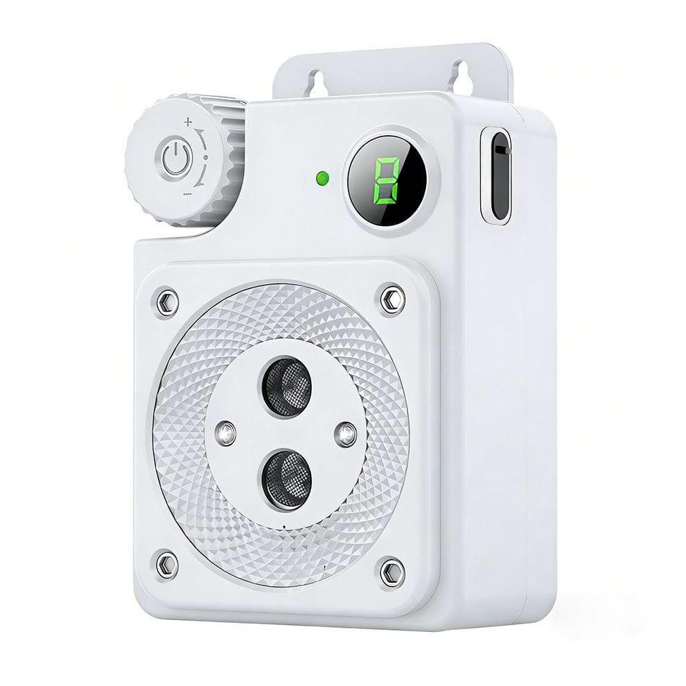 Front view of white Ultrasonic Anti Barking Device with digital display and sensitivity knob.