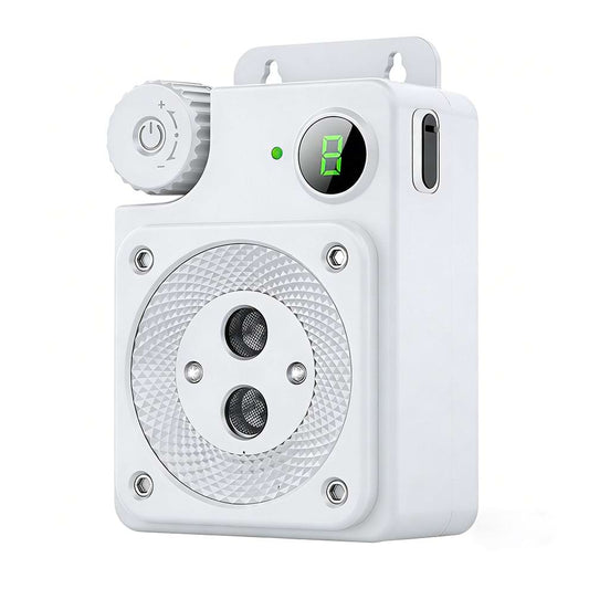 Front view of white Ultrasonic Anti Barking Device with digital display and sensitivity knob.