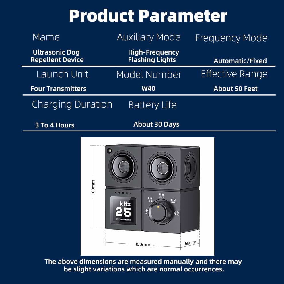 Product parameters and dimensions of the Ultrasonic Dog Bark Deterrent, detailing 50ft effective range and compact W40 model size.