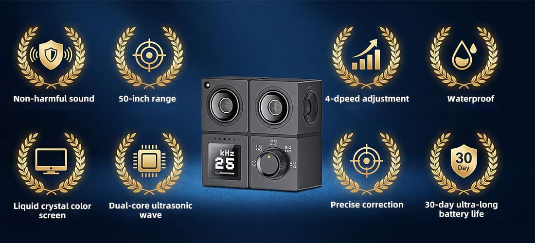 Key features of Ultrasonic Bark Deterrent: waterproof design, 30-day battery life, dual-core waves, and non-harmful sound correction.