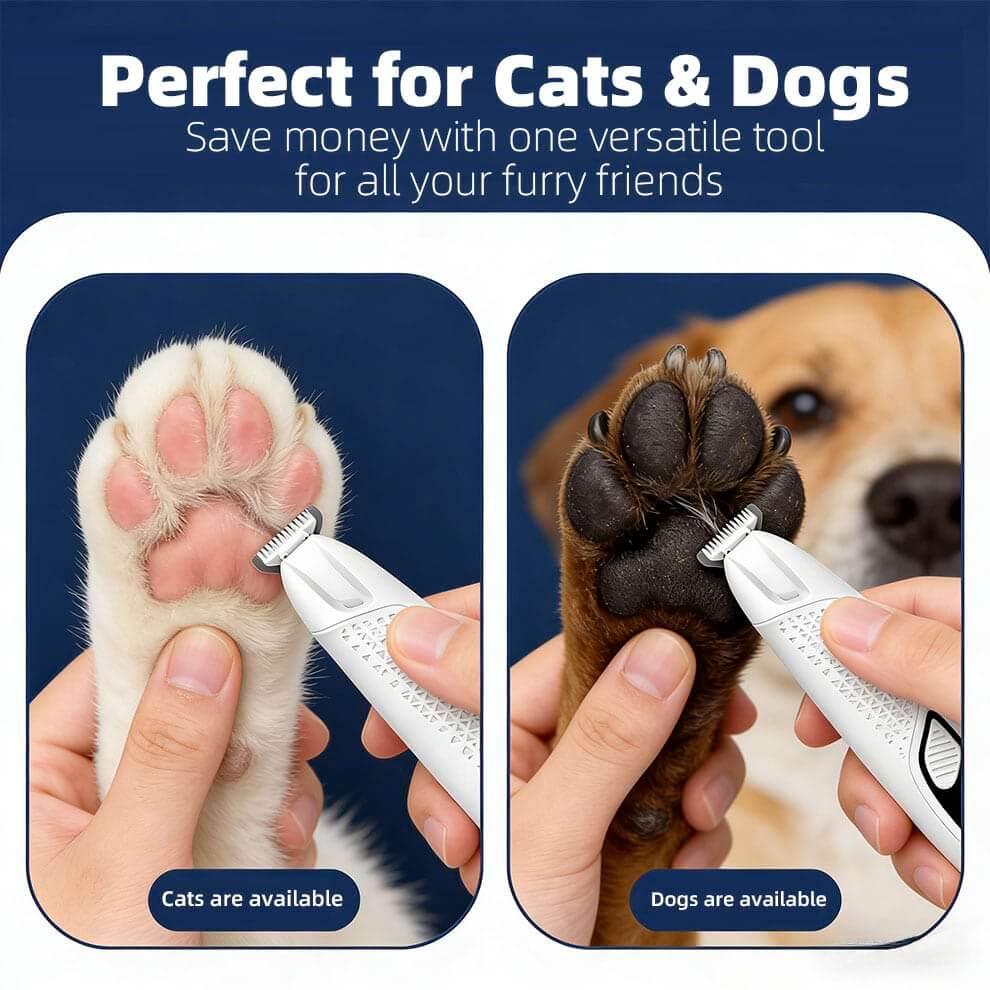 Demonstration of the dog paw clippers safely trimming hair between the toe pads of both a cat and a dog without pulling or overheating.