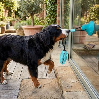 Versatile suction cup dog pull toy attached to a wooden surface, demonstrating its strong grip on various smooth household textures.
